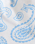 Close-up of RF-Wear Men's Mesh Paisley Shorts in White/Sky Blue