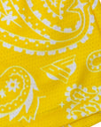 Close-up of RF-Wear Men's Mesh Paisley Shorts in Yellow/White with RF logo