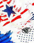 Close-up of RF-Wear Men's Mesh Patriotic Grunge Shorts in Red/White/Blue with RF logo