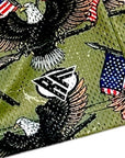 Close-up of RF-Wear Men's Mesh Patriotic Eagle/flag/gun in Green with RF logo