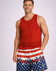 Man wearing a red tank top and RF-Wear Men's Mesh Patriotic Flame Shorts in Red/White/Blue