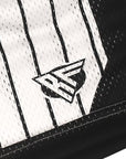 Close-up of RF-Wear Men's Mesh Pinstripe Basketball Shorts in White/Black with RF logo