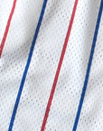 Close up of RF-Wear Men's Mesh Pinstripe Shorts in White/Blue/Red