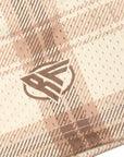 Close-up of RF-Wear Men's Mesh Plaid Shorts in Cream /Tan with RF logo