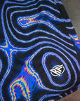 Close-up of RF-Wear Men's Mesh Psychedelic Shorts in Black/Multicolor with RF Logo
