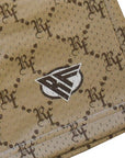 Close-up of RF-Wear Men's Mesh Monogram Shorts in Tan/Brown with RF logo