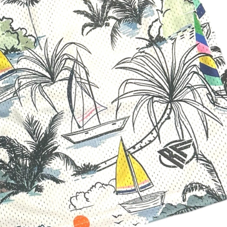 RF Wear Men's Mesh Sail Boats Shorts White/Multicolor  - Logo Close Up