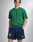 Man wearing a green t-shirt and RF-Wear Men's Mesh Shamrock Shorts in Navy