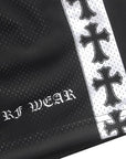 Close-up of RF-Wear Men's Mesh Cross Trim Shorts - black with white cross trim with logo.