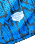 Close-up of RF-Wear Men's Mesh Snakeskin Shorts in Blue with RF logo