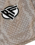 Close-up of RF-Wear Men's Mesh Snakeskin Shorts in Cream/Tan with RF logo