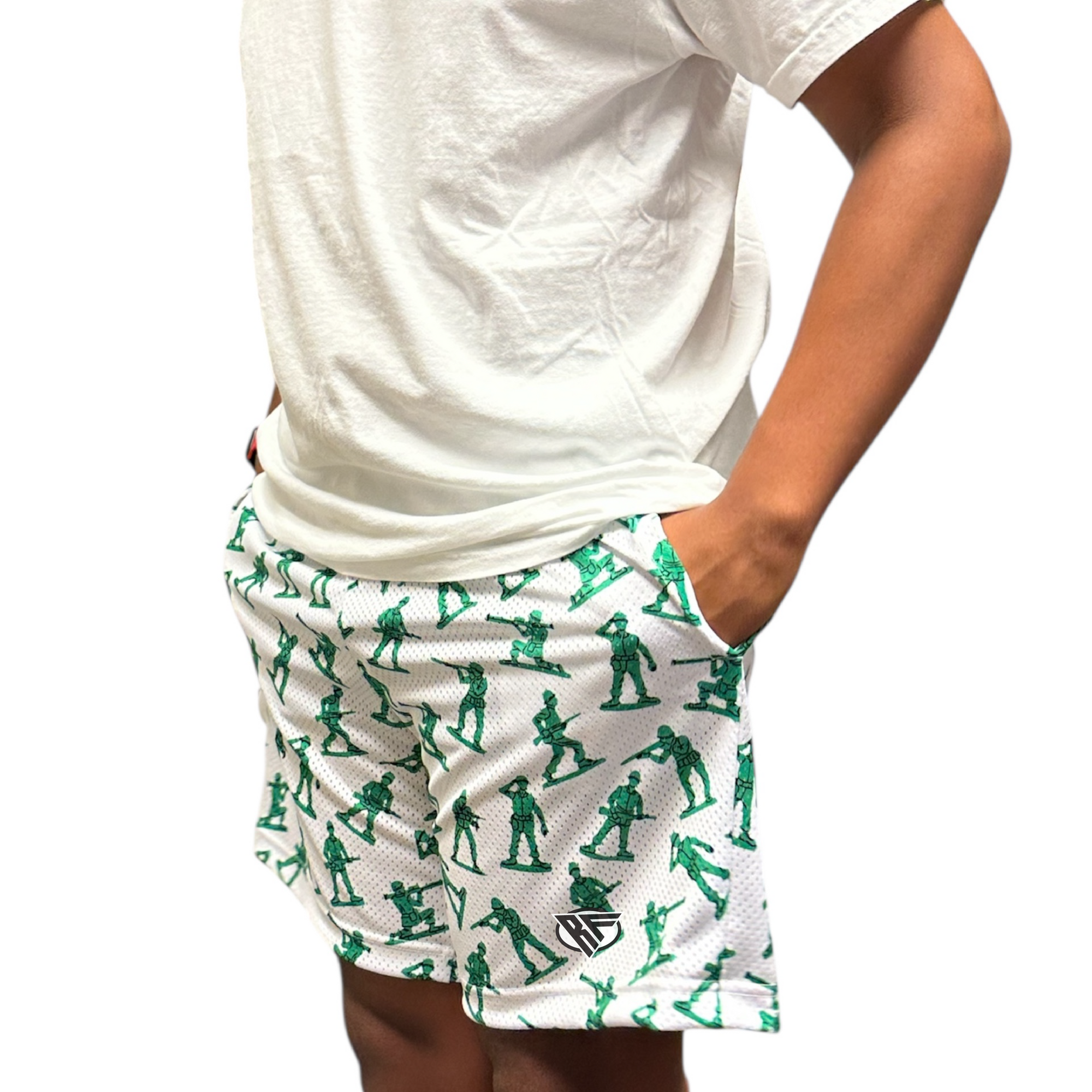 RF Wear Men's Mesh Soldier Shorts - White/Green - Model Side View
