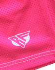 Close-up of RF-Wear Men's Mesh Solid Color Shorts in Fuchsia with RF logo
