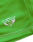 Close-up of RF-Wear Men's Mesh Solid Color Shorts in Lime Green with RF logo