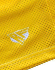 Close-up of RF-Wear Men's Mesh Solid Color Shorts in Yellow with RF logo