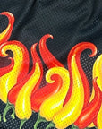 Close-up of RF-Wear Men's Mesh Split Flaming Pepper Shorts in Black/Orange