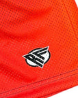Close-up of RF-Wear Men's Mesh Split Flaming Pepper Shorts in Black/Orange with RF logo
