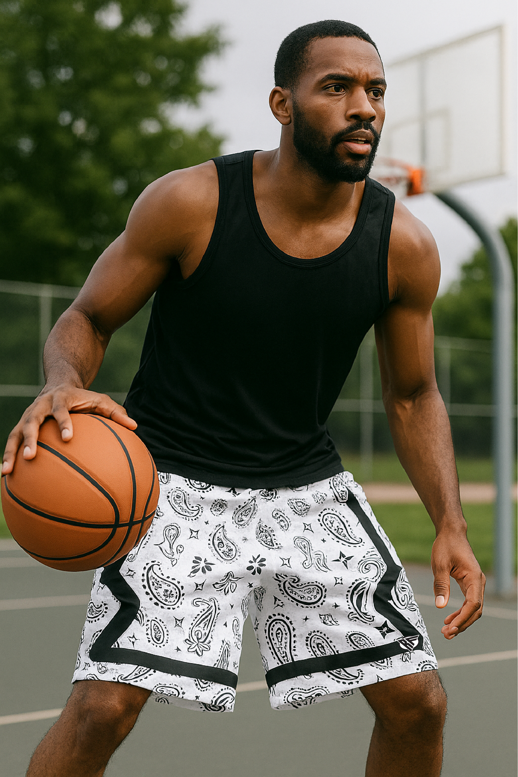 RF Wear Men's Mesh Sport Paisley Shorts - White/Black - Front