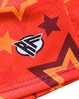 Close-up of RF-Wear Men's Mesh Star Shorts in Red/Orange with RF logo