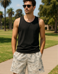 RF Wear Men's Mesh Tree Camo Shorts - Cream/Grey - Model Front View