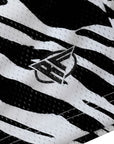 Close-up of RF-Wear Men's Mesh Animal Print Shorts - Zebra - Black/White with RF logo