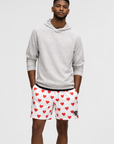 Man wearing a hoodie and RF-Wear Men's Mini Hearts Shorts in White/Red