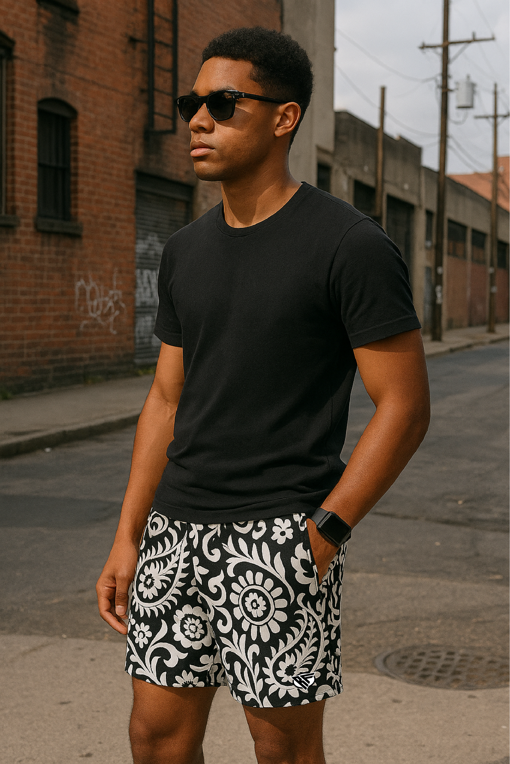 RF Wear Men's Paisley 2.0 Shorts - Black/White - Model Side View