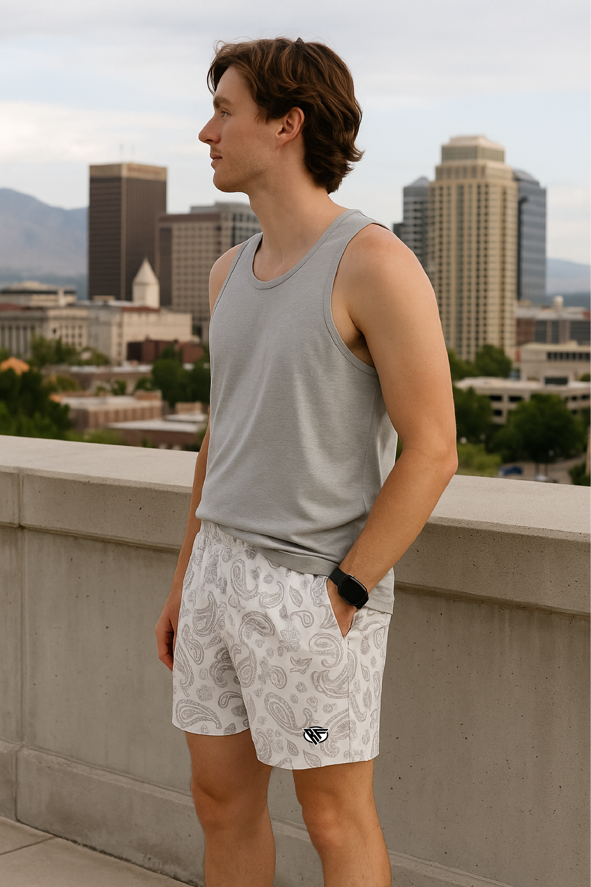 RF Wear Men's Paisley Shorts - Cream/Grey - Model Side View