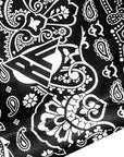 Close-up of RF-Wear Men's Paisley Stripe Shorts in Black with logo
