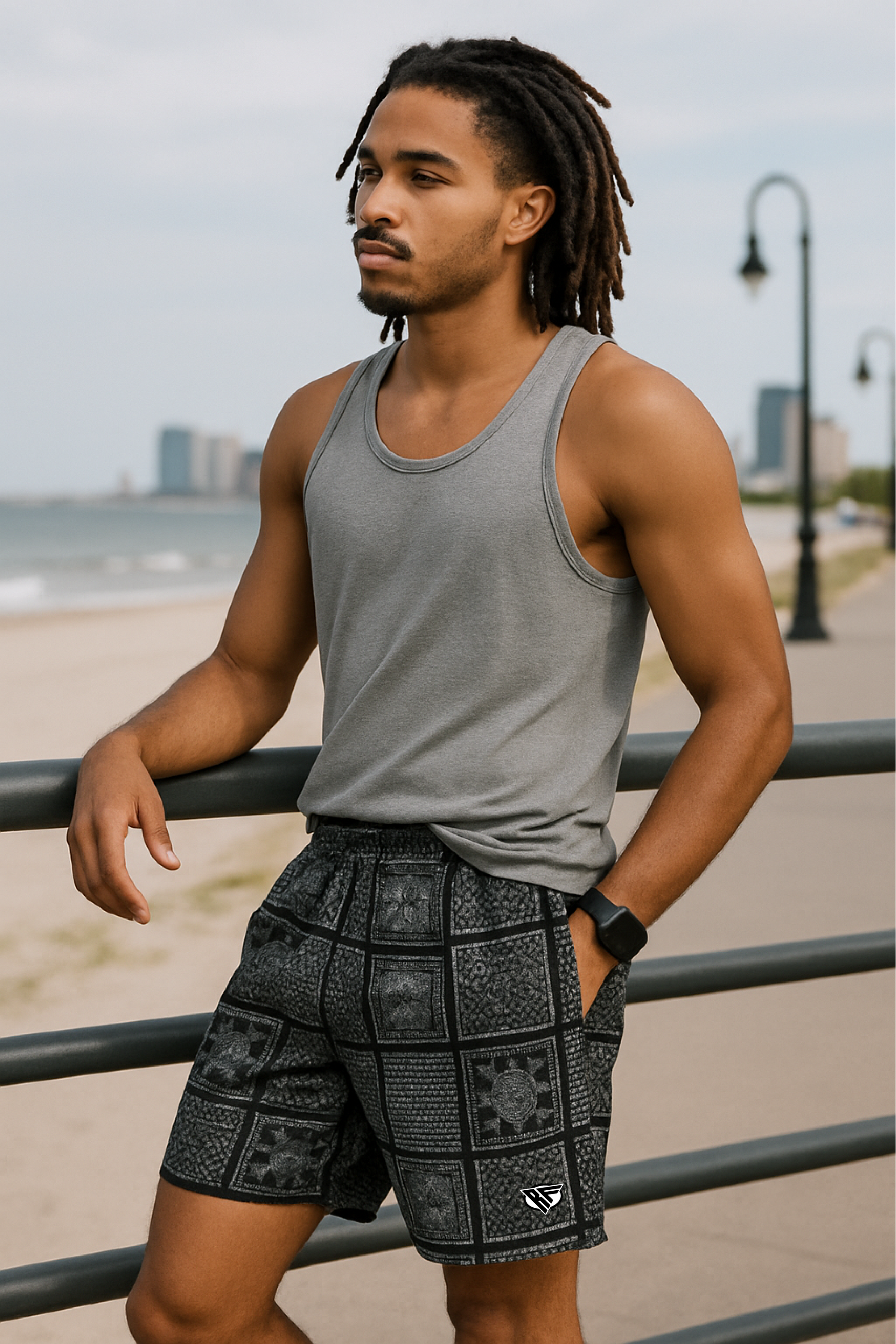 RF Wear Men's Bandana Patchwork Shorts - Black/White - Model Side View