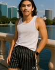 RF Wear Men's Pinstripe Shorts - Black/White - Model Front View