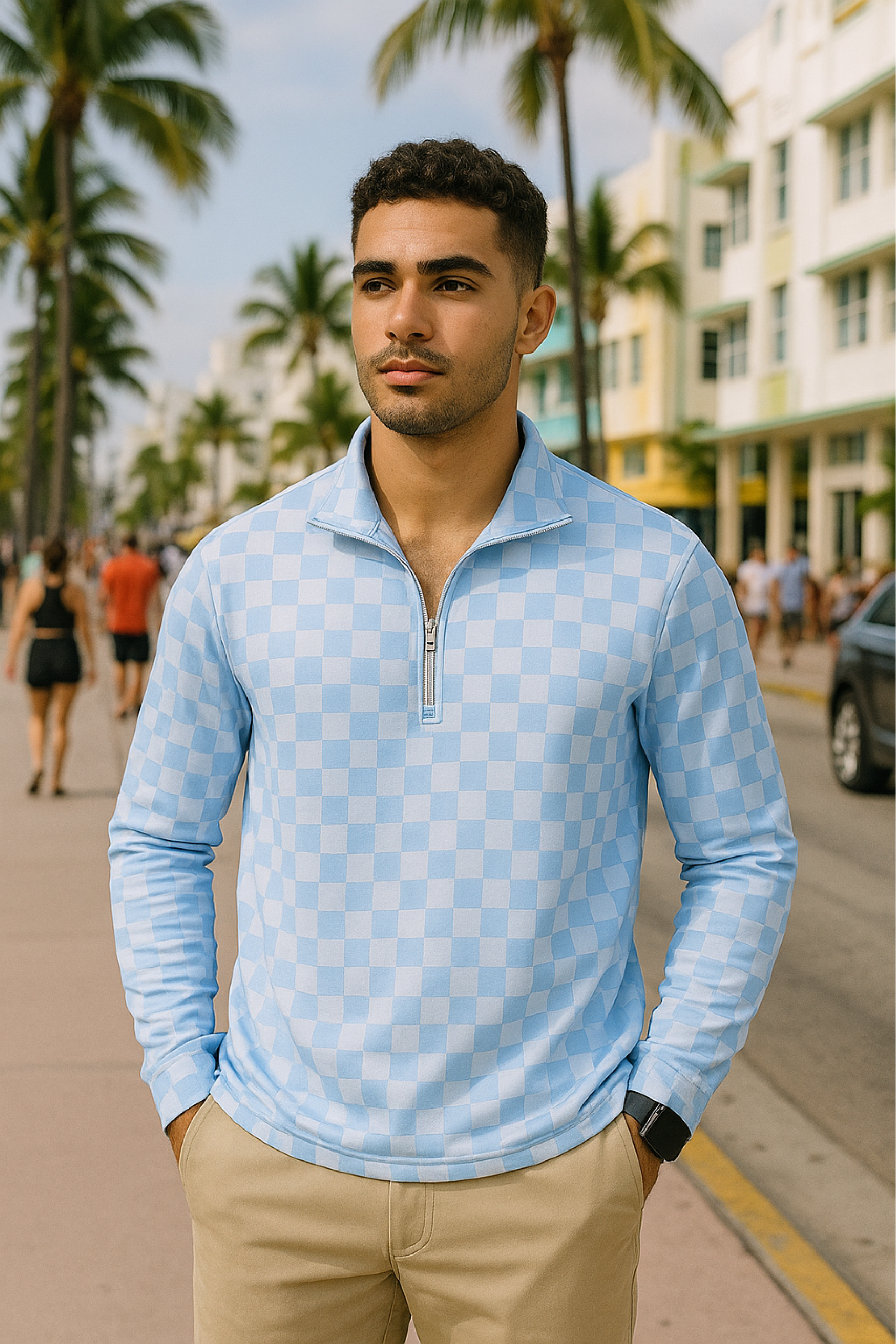 RF Wear Men's Quarter Zip Checkered Top - Blue - Model Front View