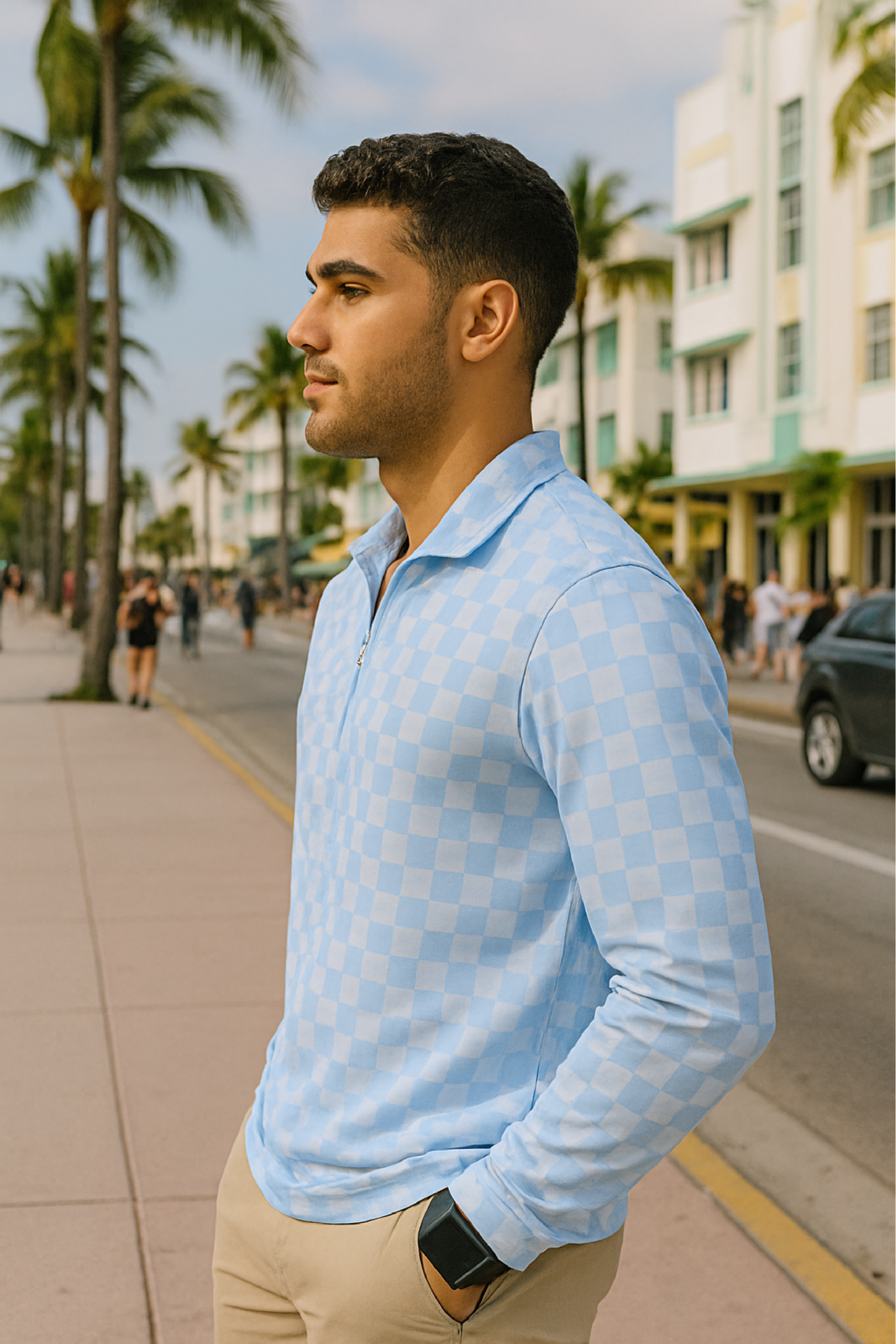 RF Wear Men's Quarter Zip Checkered Top - Blue - Model Side View