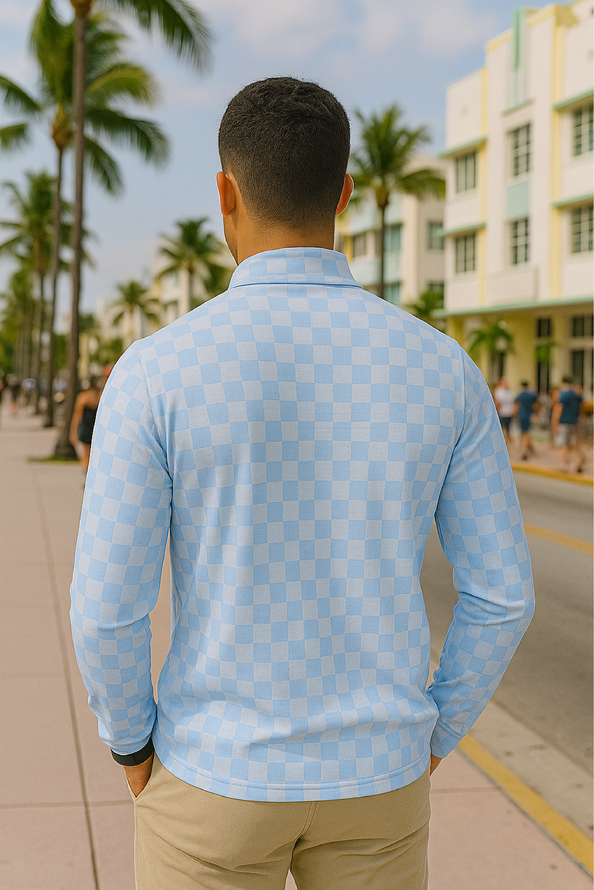 RF Wear Men's Quarter Zip Checkered Top - Blue - Model Back View