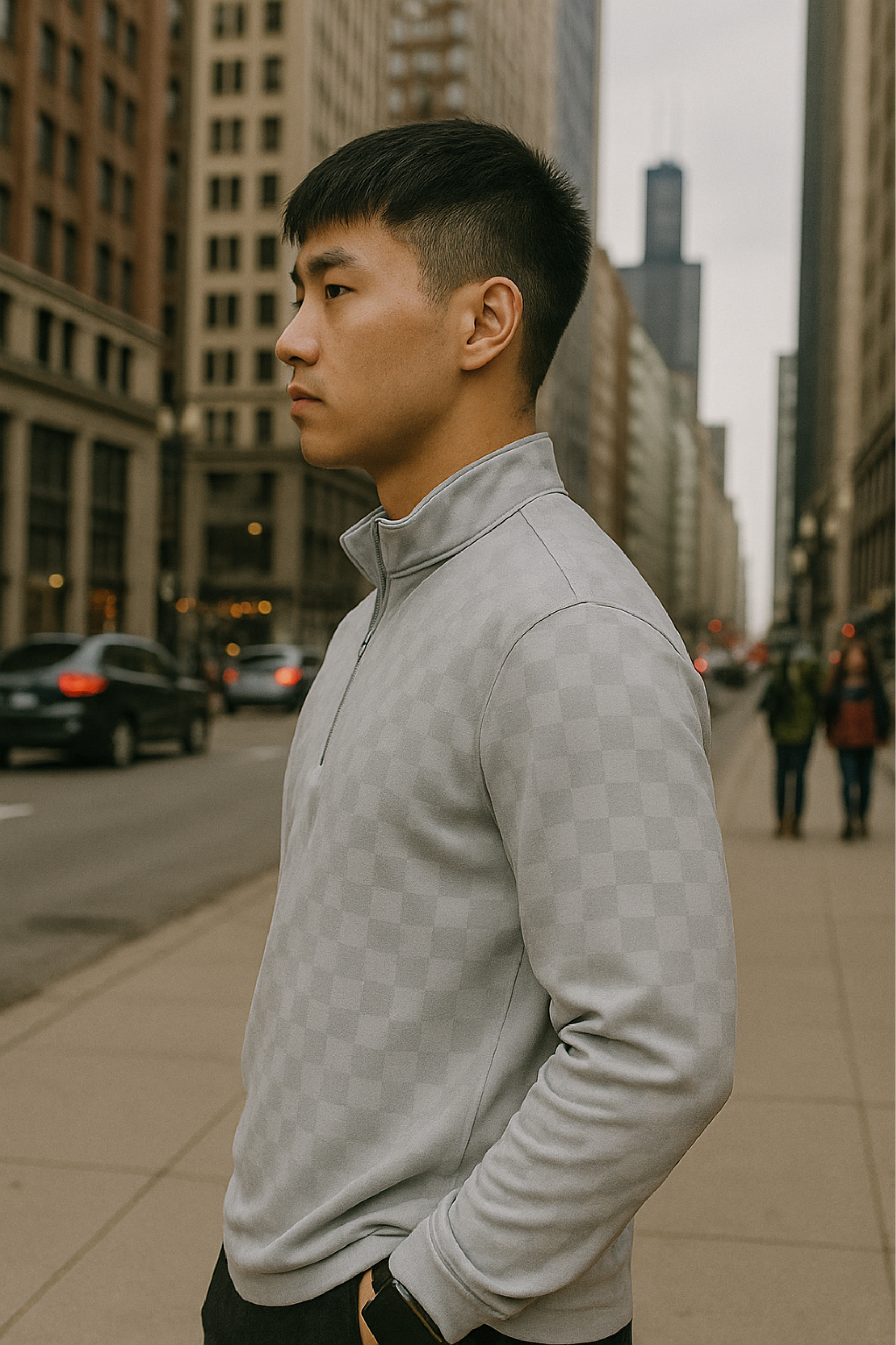 RF Wear Men's Quarter Zip Checkered Top - Grey - Model Side View