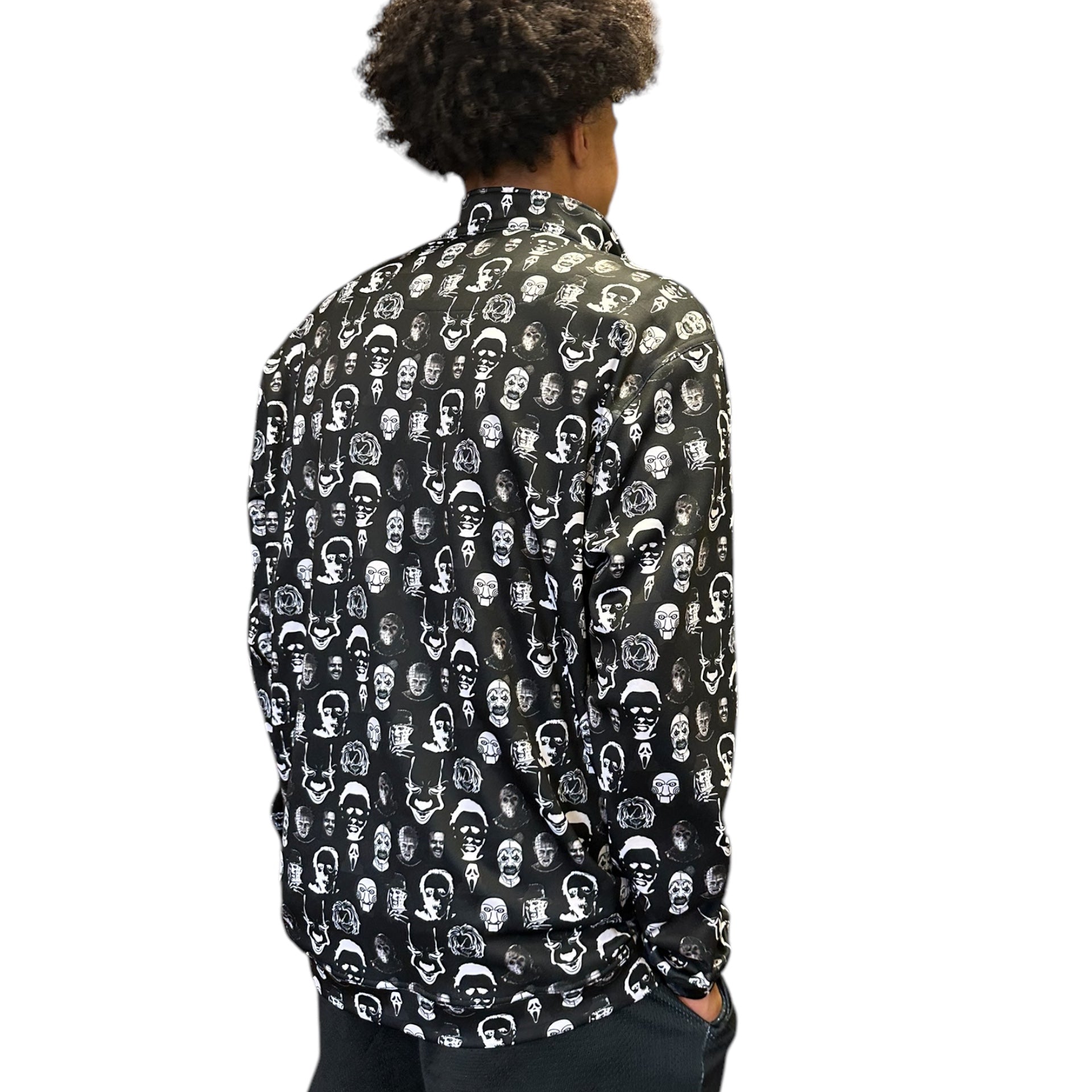 RF Wear Men's Quarter Zip Horror Faces Top  - Black - Model Back View