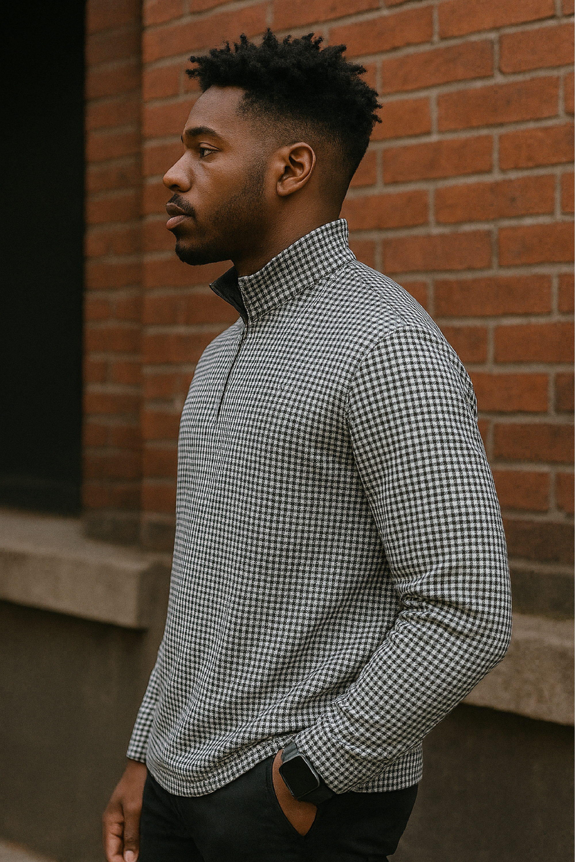 RF Wear Men's Quarter Zip Houndstooth Top  - Black/White - Model Side View