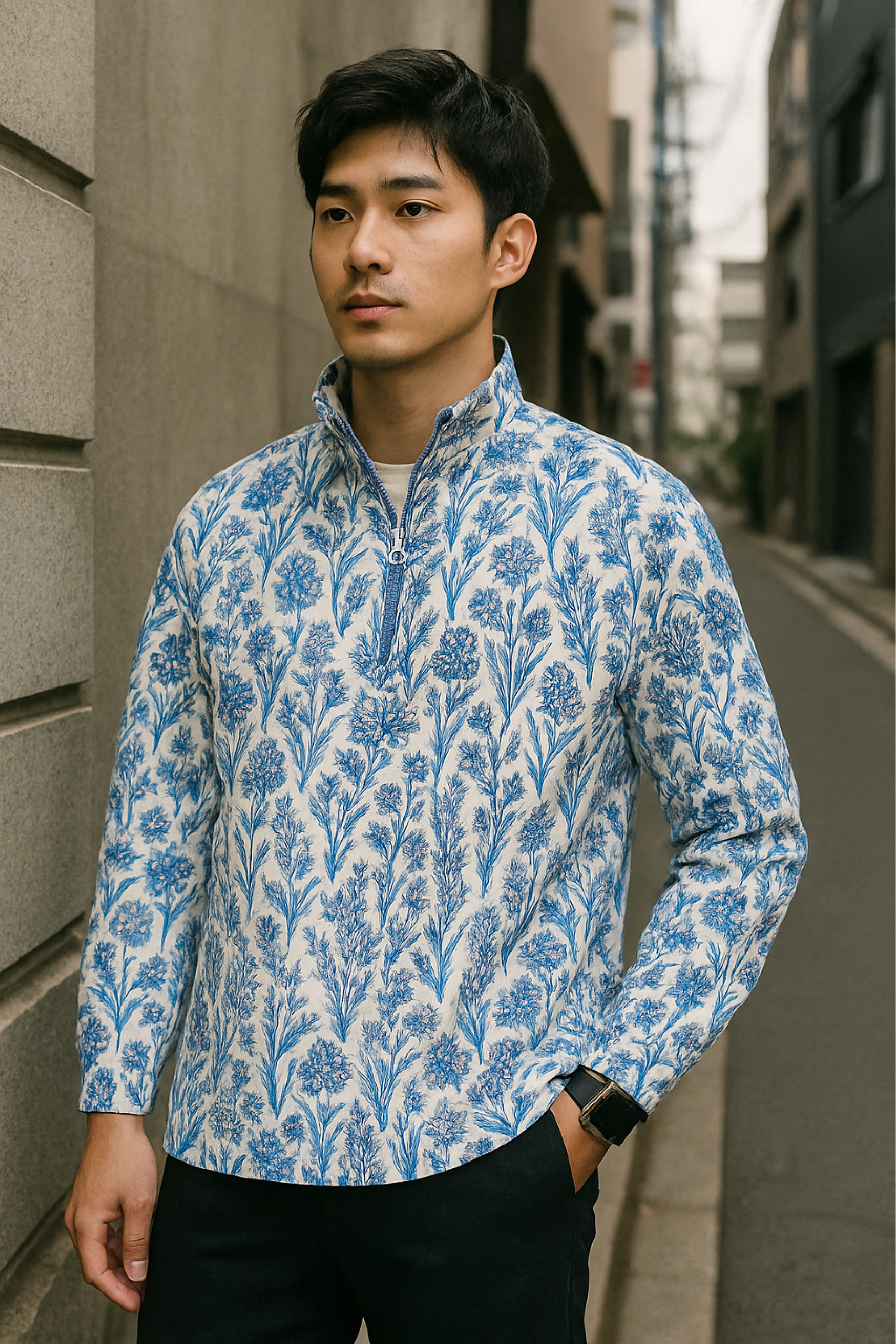 RF Wear Men's Quarter Zip Porcelain Top  - Blue/White - Model Front View