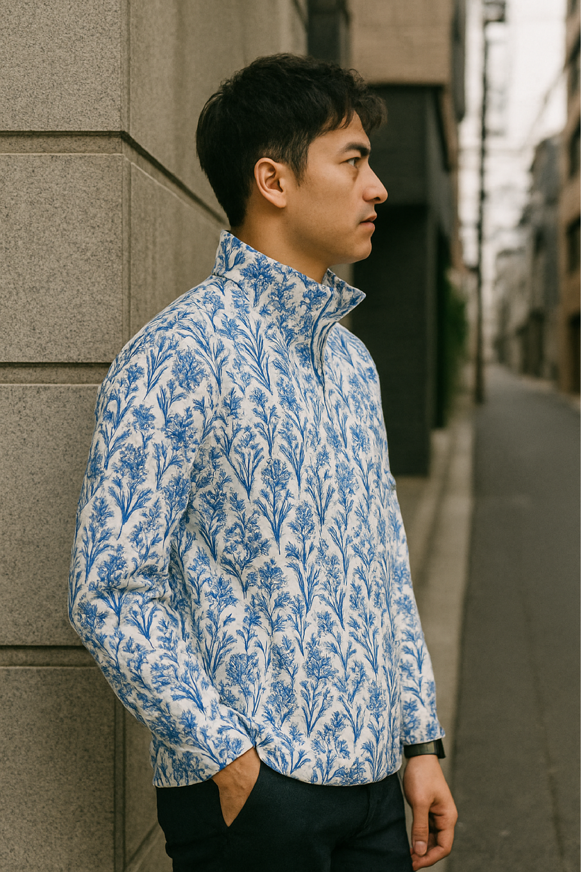 RF Wear Men's Quarter Zip Porcelain Top  - Blue/White - Model Side View