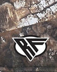 Close-up of RF-Wear Men's Quarter Zip Tree Camo Top in Brown with RF logo
