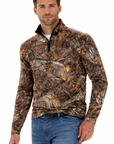 Man Wearing a RF-Wear Men's Quarter Zip Tree Camo Top in Brown and Jeans