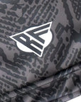 Close-up of RF-Wear Men's Snakeskin Shorts in Black with RF logo