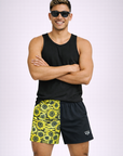 Man wearing a black tank top and RF-Wear Men's Split Sunflower Shorts in Black/Yellow