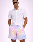 man wearing a white short sleeve shirt and RF-Wear Men's Tie Dye Shorts in Multicolors