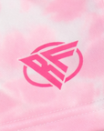 Close-up of RF-Wear Men's Tie Dye Shorts in Pink with RF logo