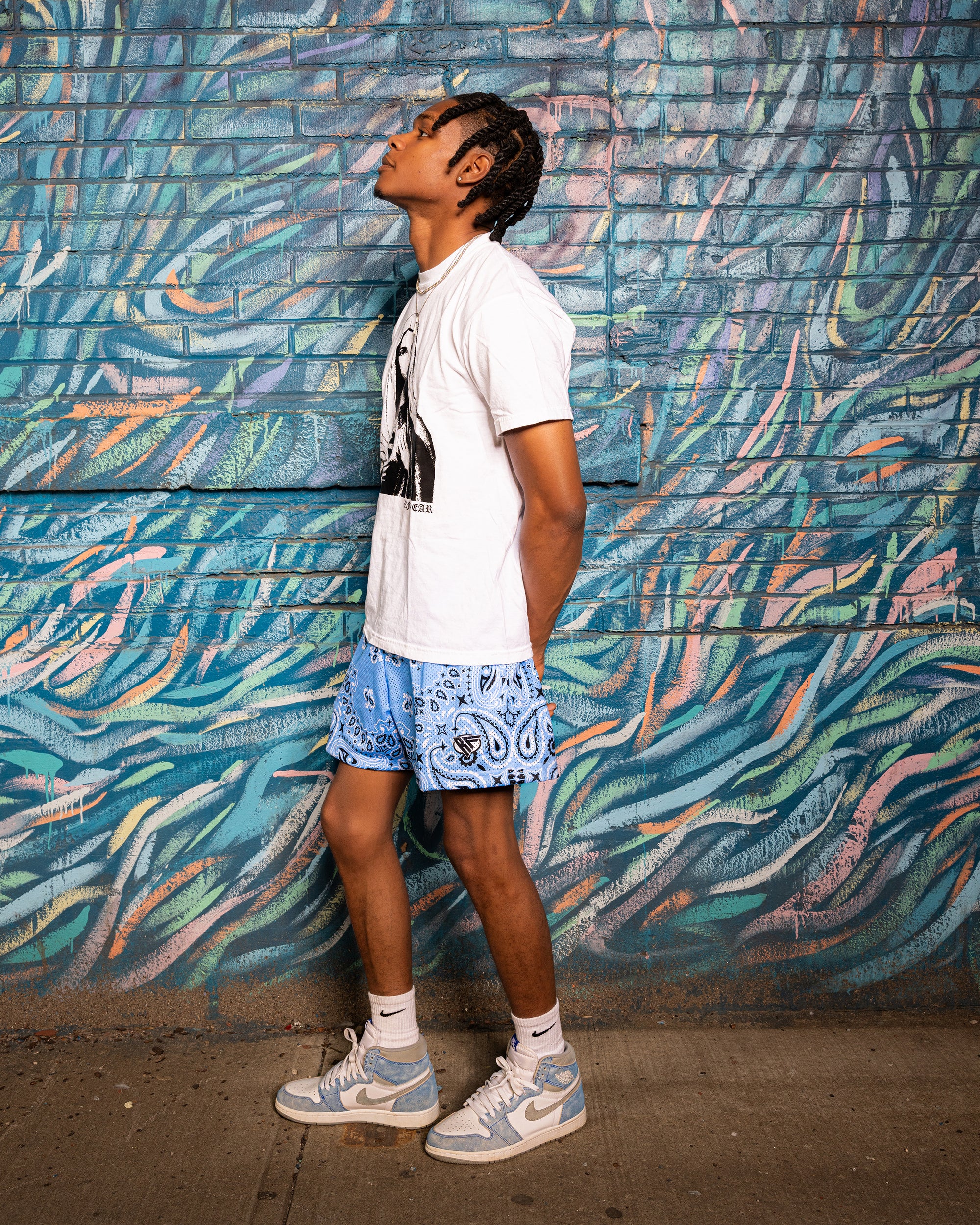 RF Wear Men's Mesh Bandana Shorts - Sky Blue - Model Side View
