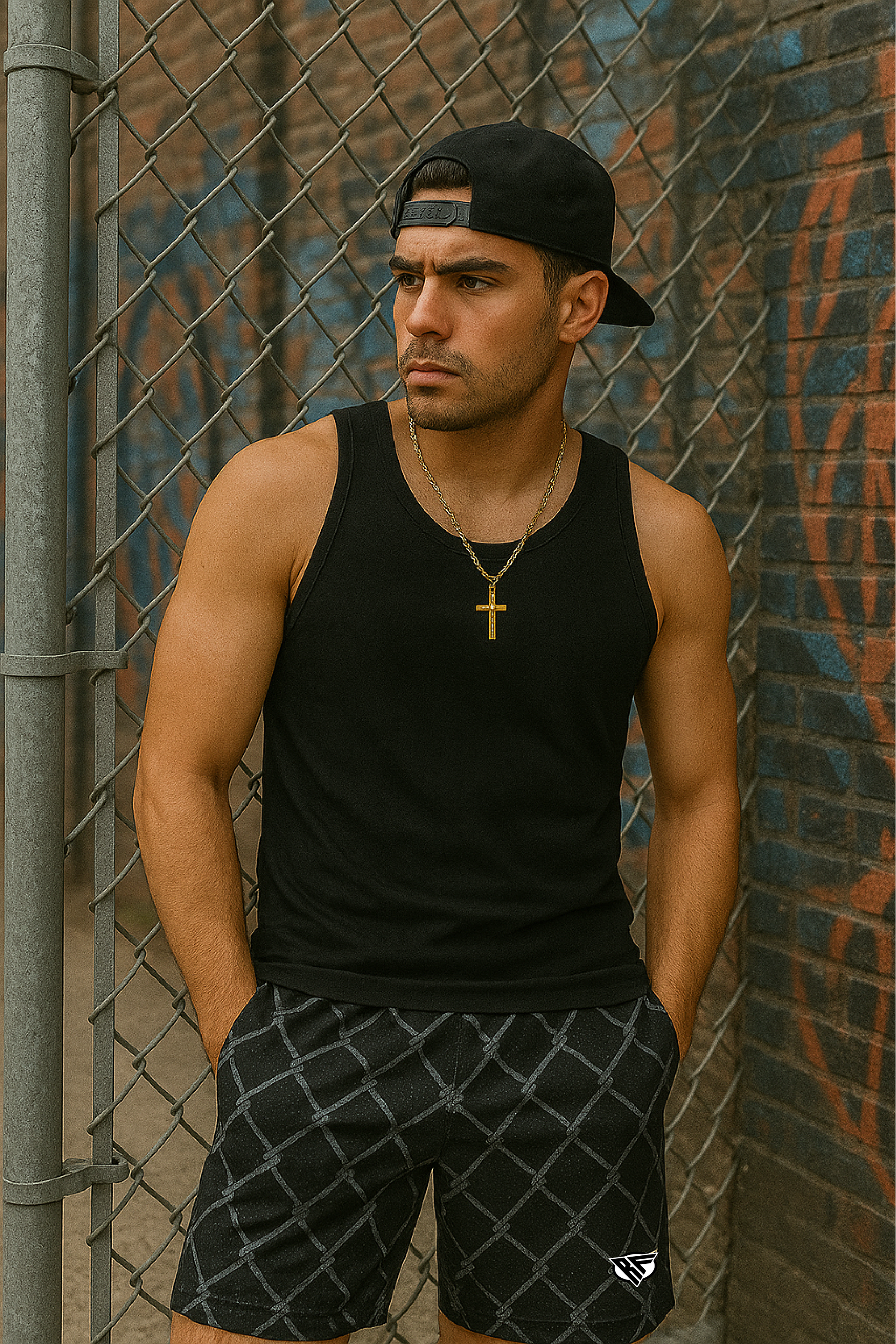 RF Wear Men's Mesh Chain Link Shorts - Black/Grey - Model Front View