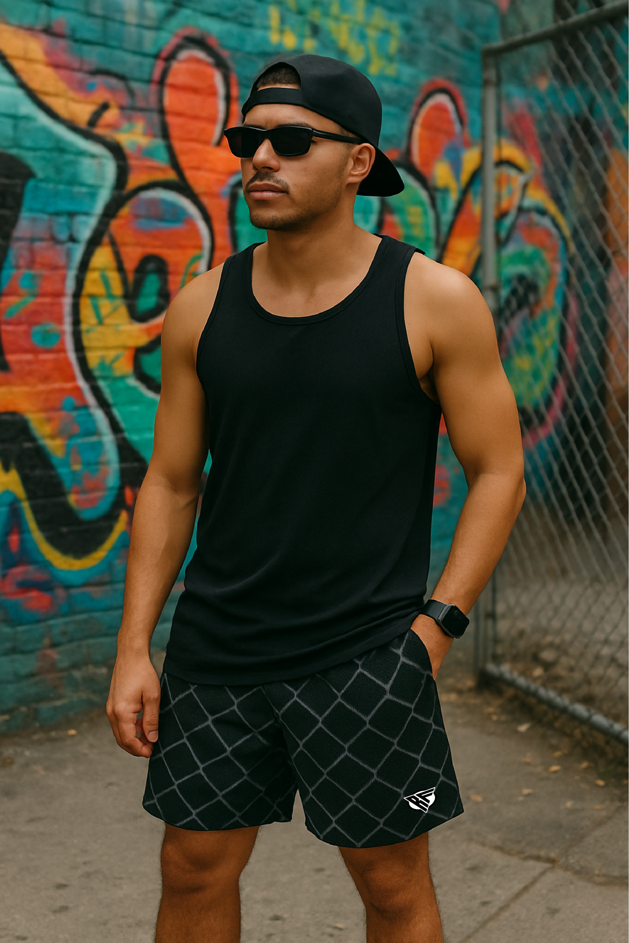 RF Wear Men's Mesh Chain Link Shorts - Black/Grey - Model Front View