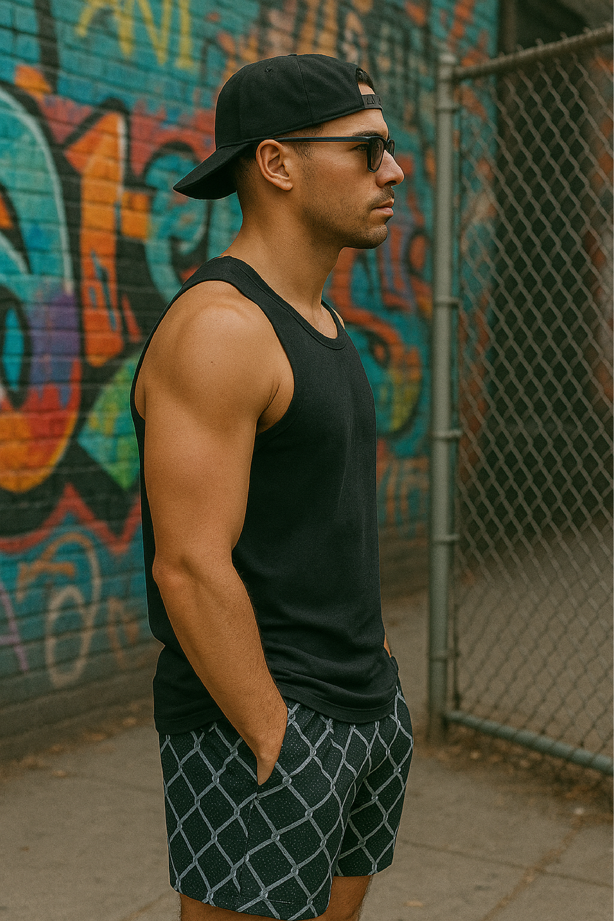 RF Wear Men's Mesh Chain Link Shorts - Black/Grey - Model Side View