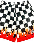 RF Wear Men's Mesh Checkered Flame Shorts - Black/White Red Flames - Front